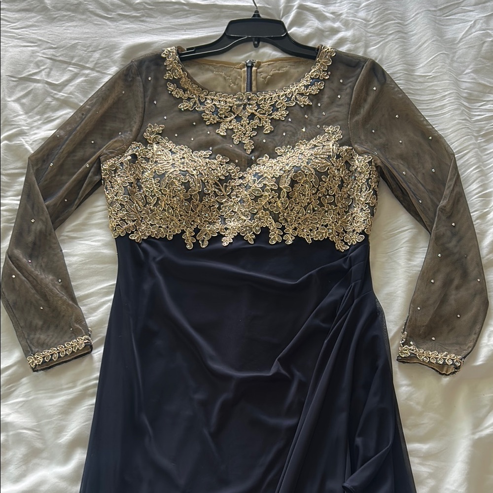 Xscape Gold Embellished Navy Long Sleeve Gown